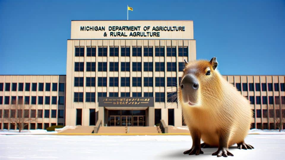 Photo of a building labeled 'Michigan Department of Agriculture & Rural Development (MDARD)'. In the foreground, a capybara is standing, looking towards the building