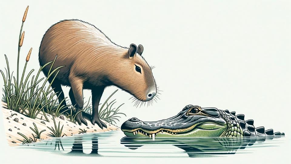 Illustration for 'Alligators and Capybaras', depicting an alligator and a capybara near a water body