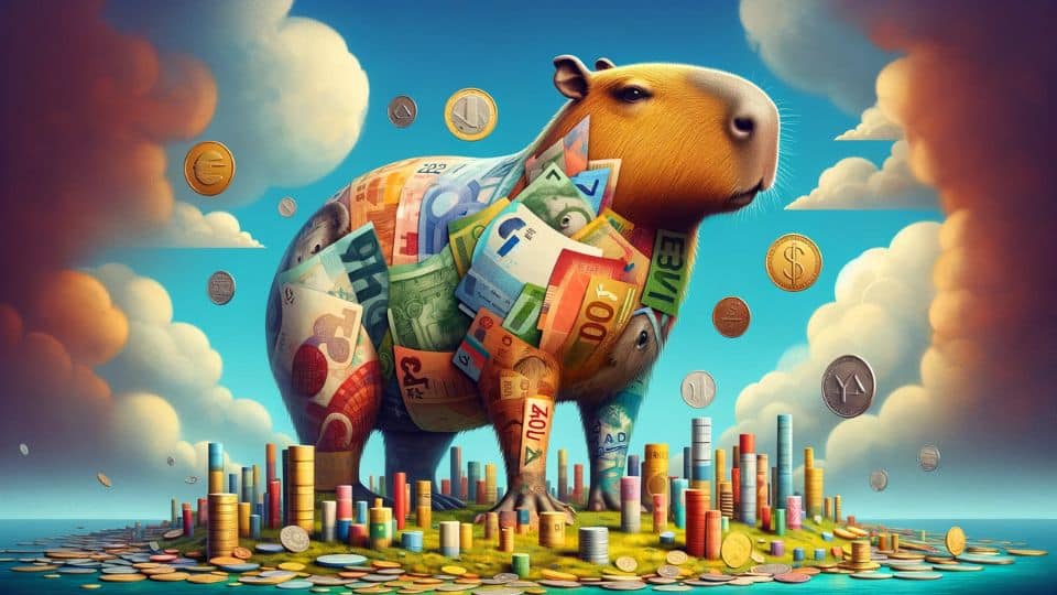 The image features a humorous and creative depiction of a giant capybara made out of various currencies from around the world, symbolizing the cost.