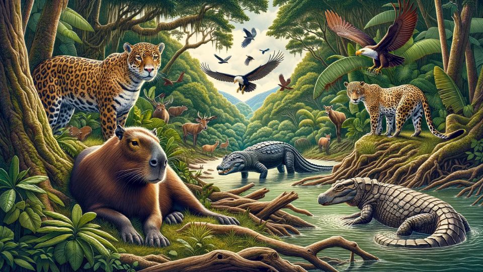 The image includes a jaguar, a caiman, and a large bird of prey, all in positions suggesting their interest in a nearby capybara