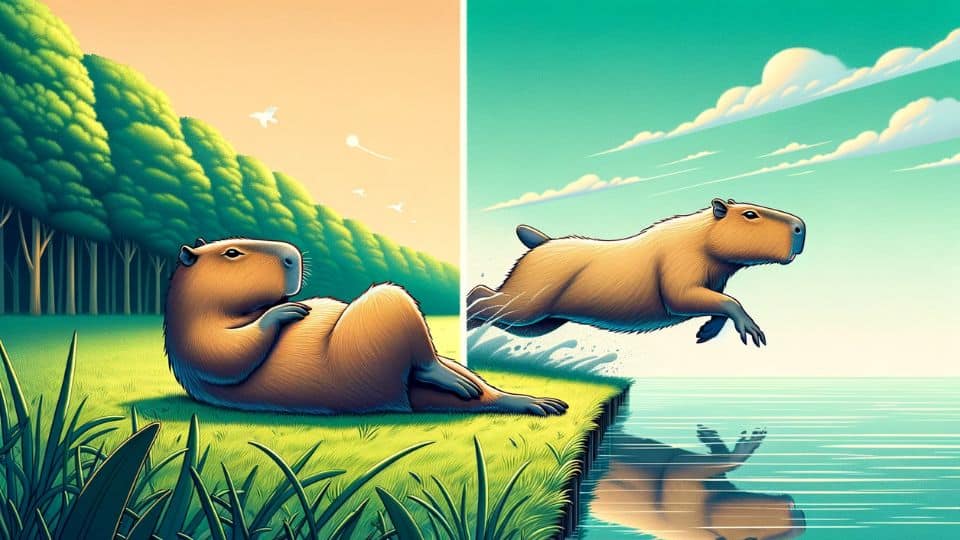 On one side, a capybara is shown chilling, lying comfortably in a relaxed posture on lush grass by a serene water body. On the other side, a different capybara is captured in full sprint, showcasing its love for running.