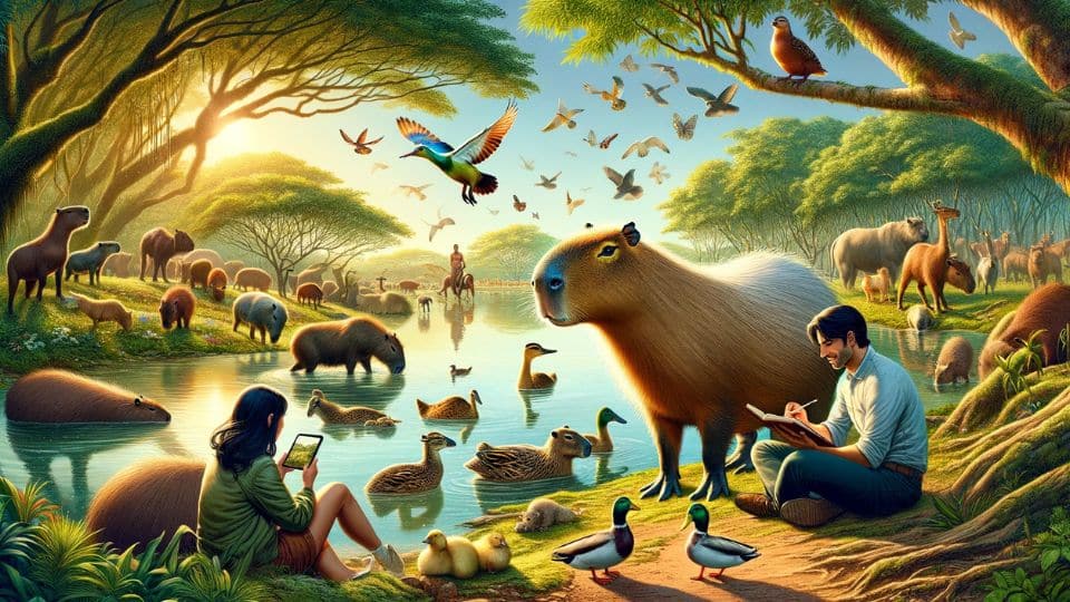 capybara chilling with humans and animals