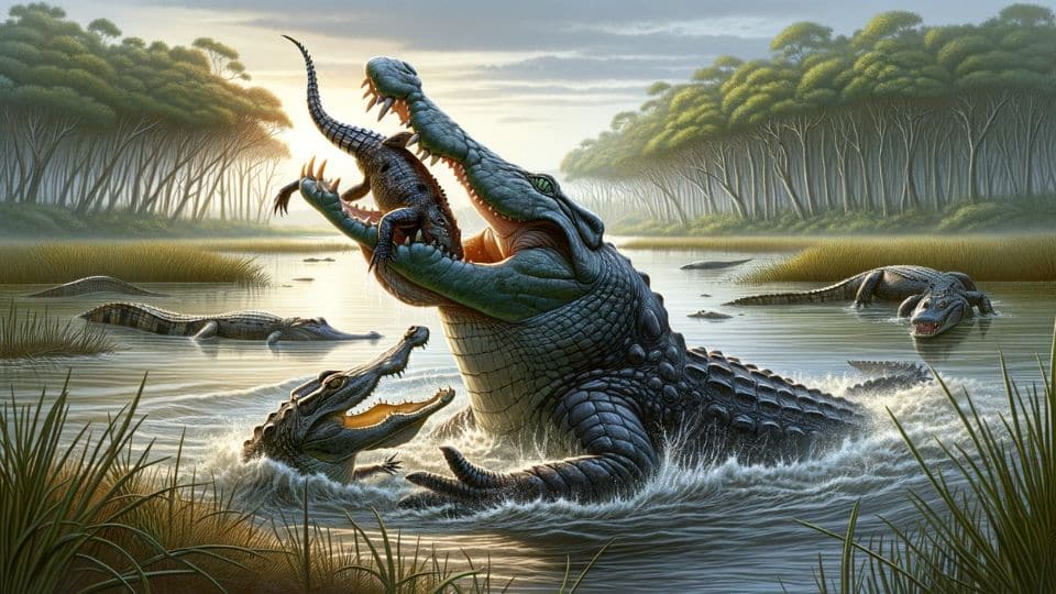 Digital illustration for 'Predatory Behavior of Crocodiles and Alligators', showing a crocodile and an alligator displaying their predatory instincts in a wetland setting