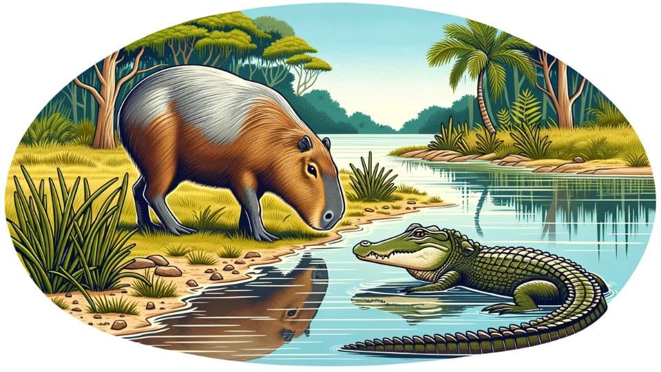 Digital illustration for the heading 'Capybara-Crocodile Relationship', showing a capybara and a crocodile in a natural setting