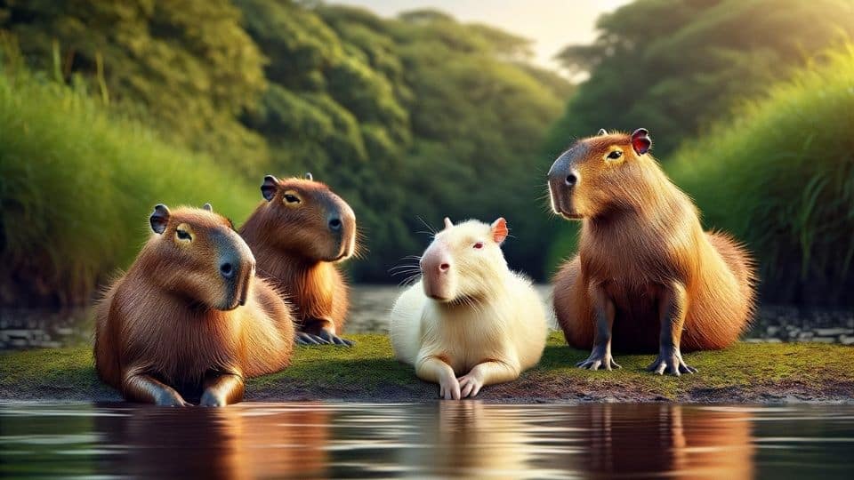 Four standard brown capybaras and between them is a single albino capybara