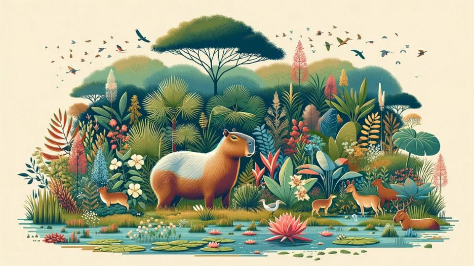 llustration for 'The Role of Ecosystems in Capybara Safety', highlighting how diverse ecosystems contribute to the safety of capybaras