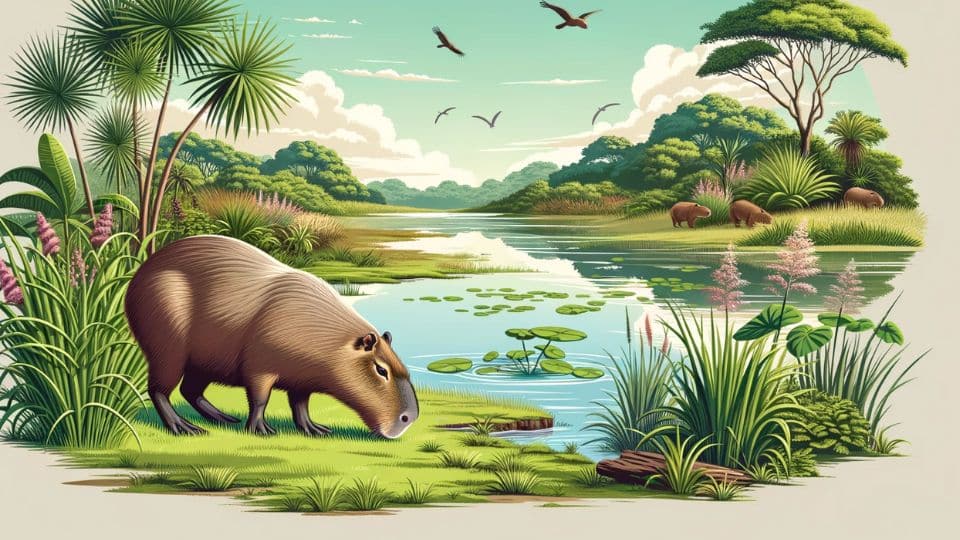 Digital illustration for the heading 'Capybara Behavior and Habitat', depicting a capybara in its natural environment.