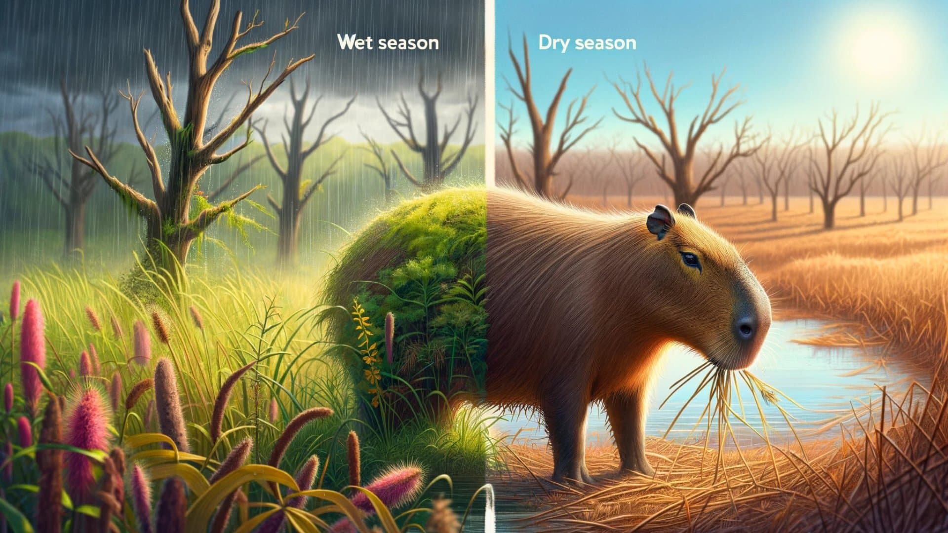 The image illustrates the capybara's adaptive diet in different seasonal environments.