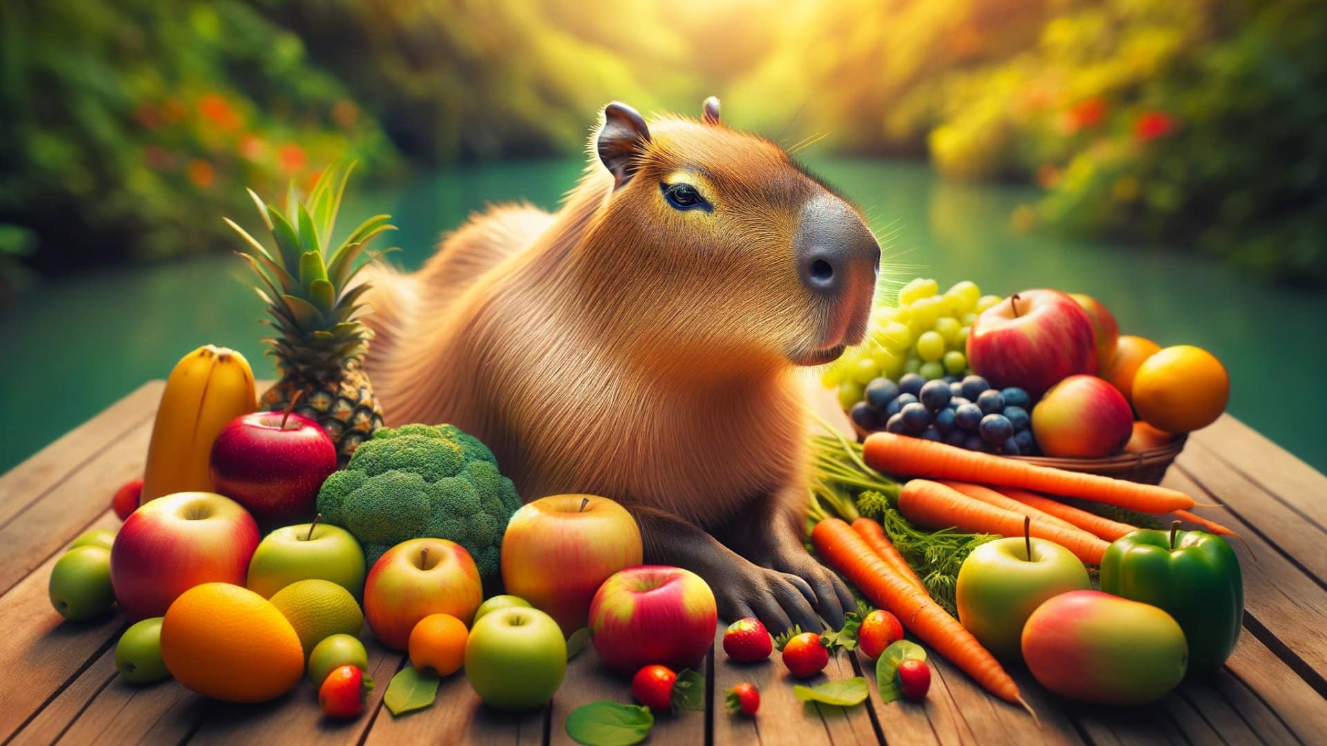 The image showcases the capybara eating different types of fruits and vegetables, such as apples, carrots, and leafy greens, emphasizing the importance of these foods for essential vitamins and minerals in their diet.