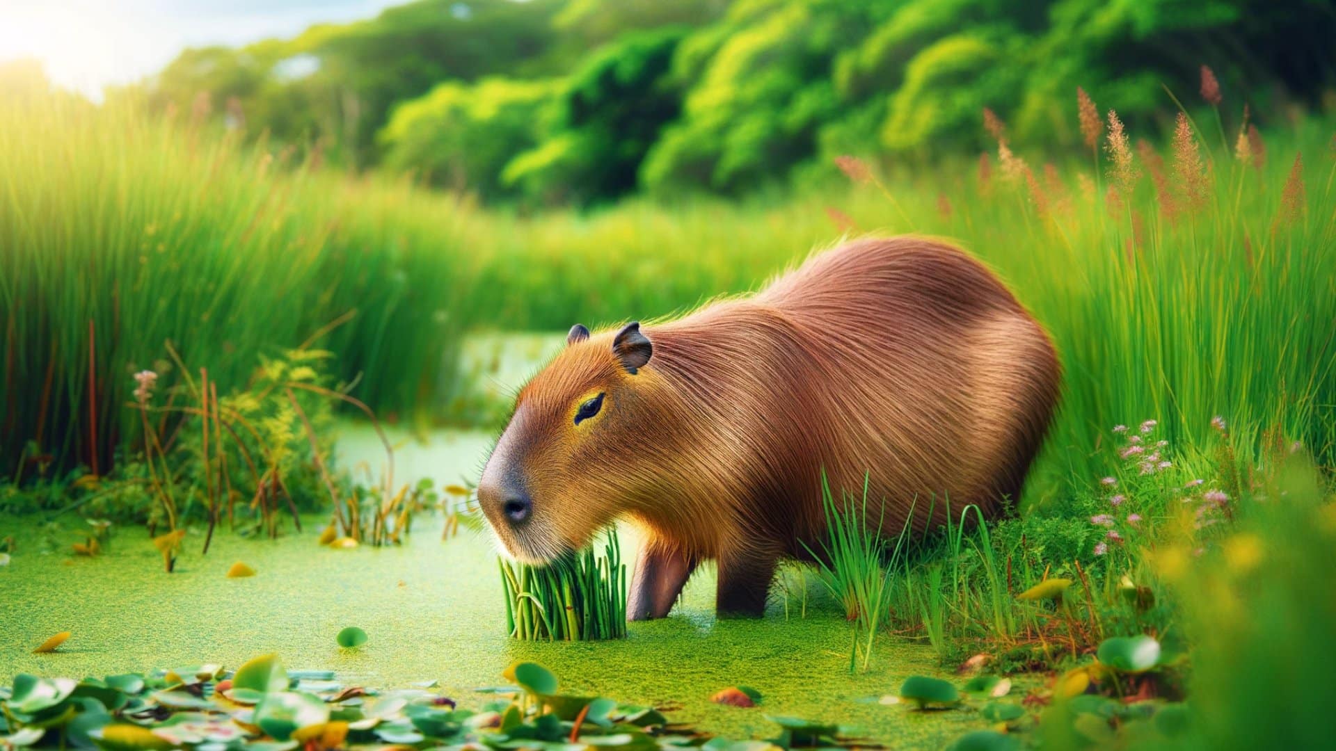 The scene shows the capybara nibbling on grass and aquatic plants near a small pond.