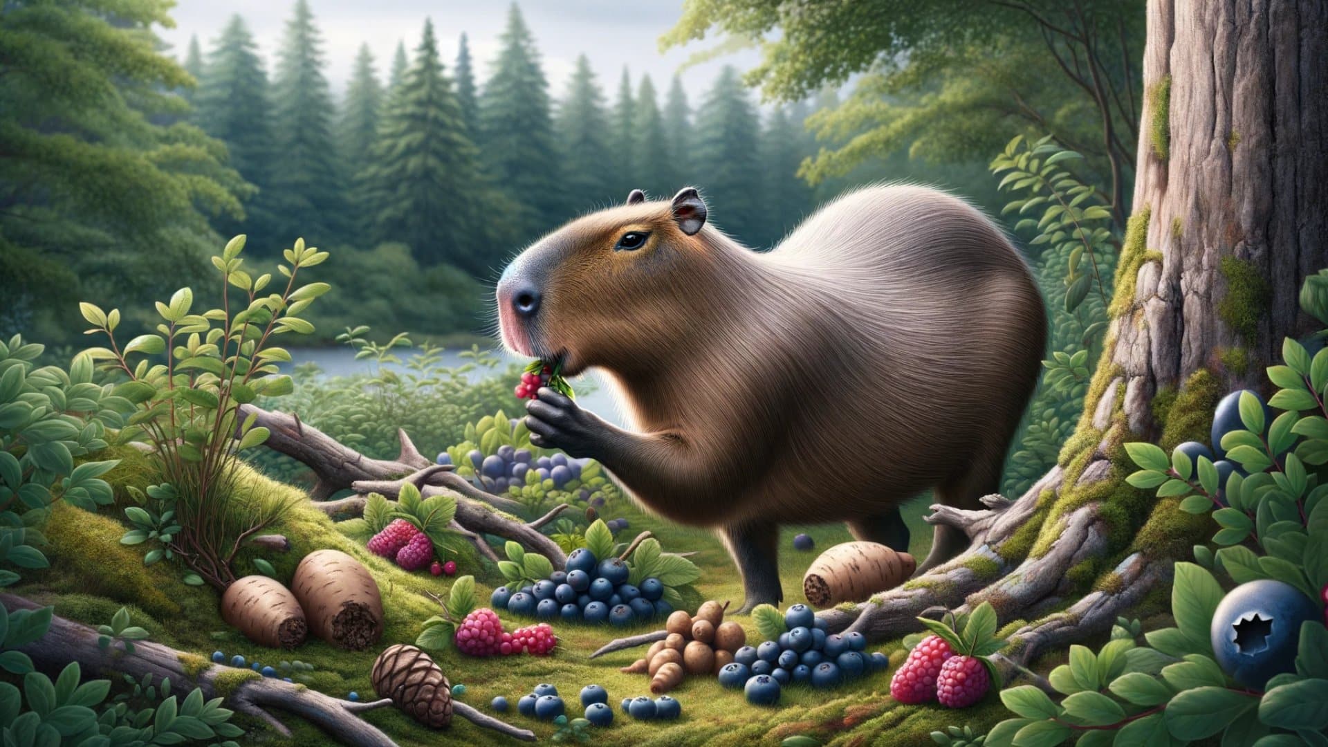 The capybara is depicted nibbling on various types of berries, like blueberries and raspberries, highlighting the nutritional benefits of antioxidants and vitamins.