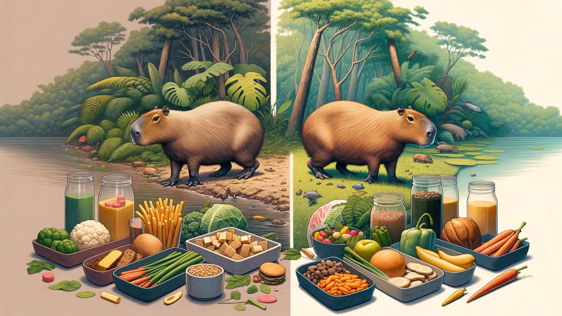 This image illustrates the difference in diet and lifestyle between wild and captive capybaras.