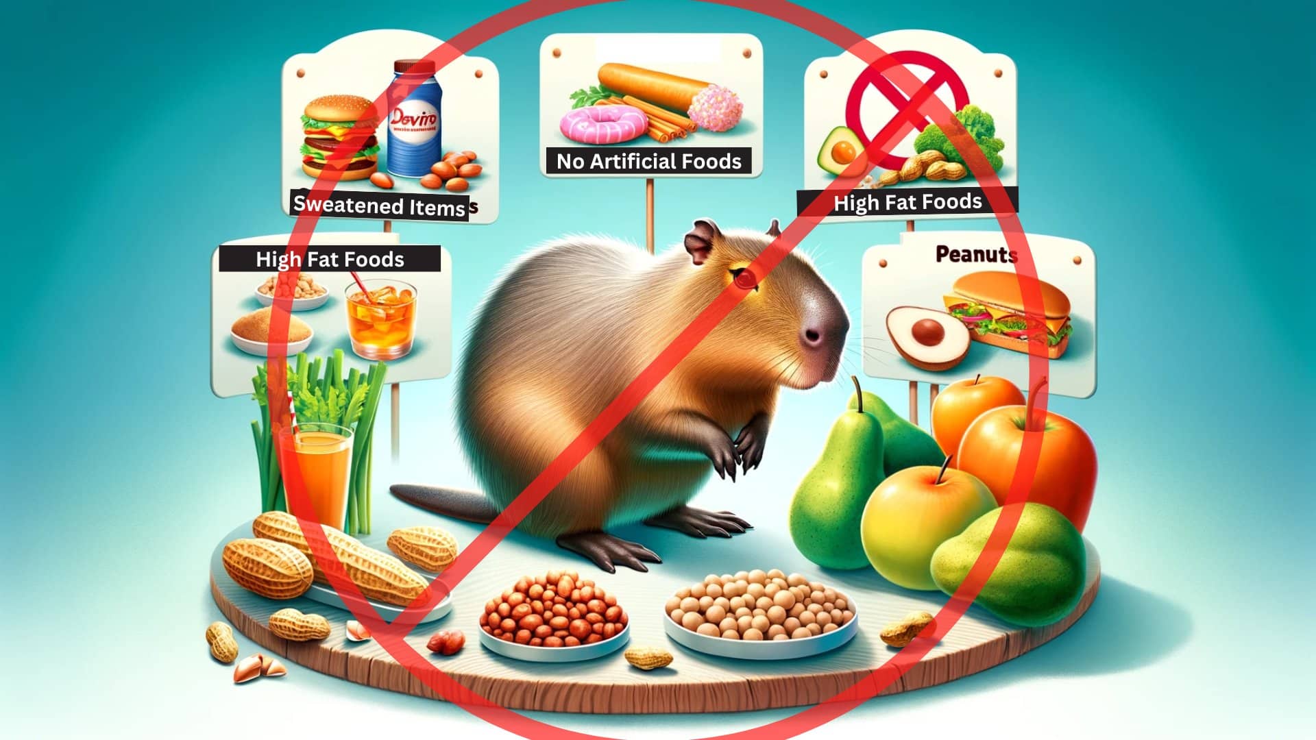 The scene shows a capybara avoiding these items, which are depicted in a clearly marked 'Do Not Eat' zone.