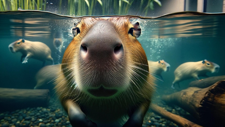 A captivating image showcasing the breathing techniques and underwater capabilities of capybaras. The scene illustrates a capybara partially submerged in water, with its nostrils, eyes, and ears above the surface, demonstrating how it breathes while most of its body is underwater.