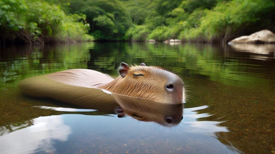 A capybara sleeping in water, mostly submerged with its nose above the water surface.