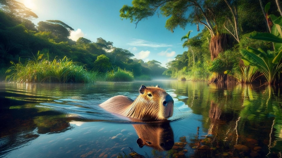 A serene and picturesque image of a capybara swimming in a natural habitat.