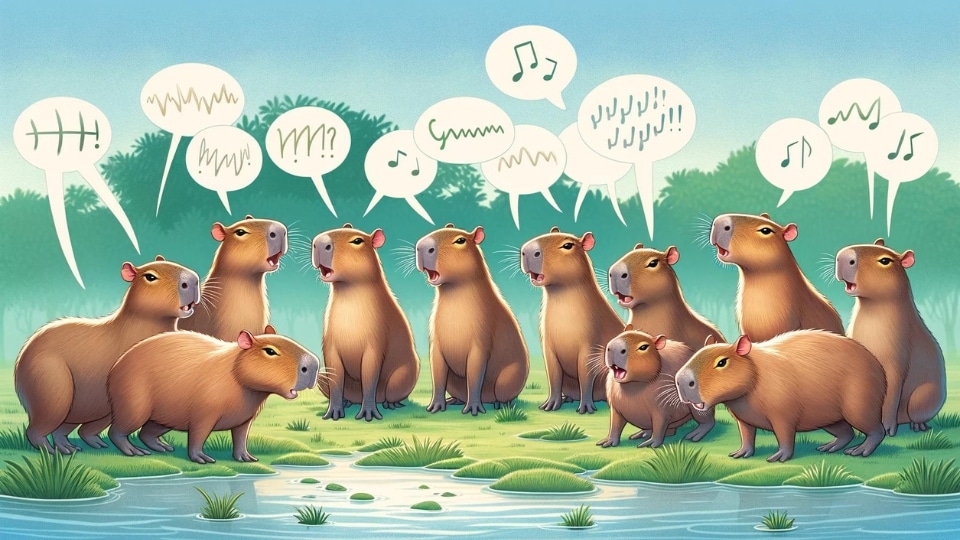 A group of capybaras communicating with each other using their unique vocal repertoire.