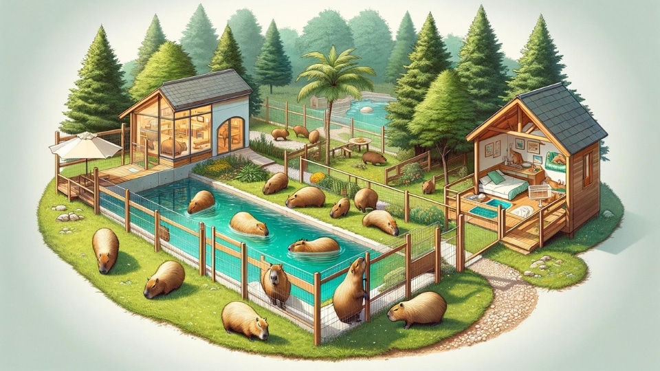 An image illustrating the ideal housing and environment for a capybara.