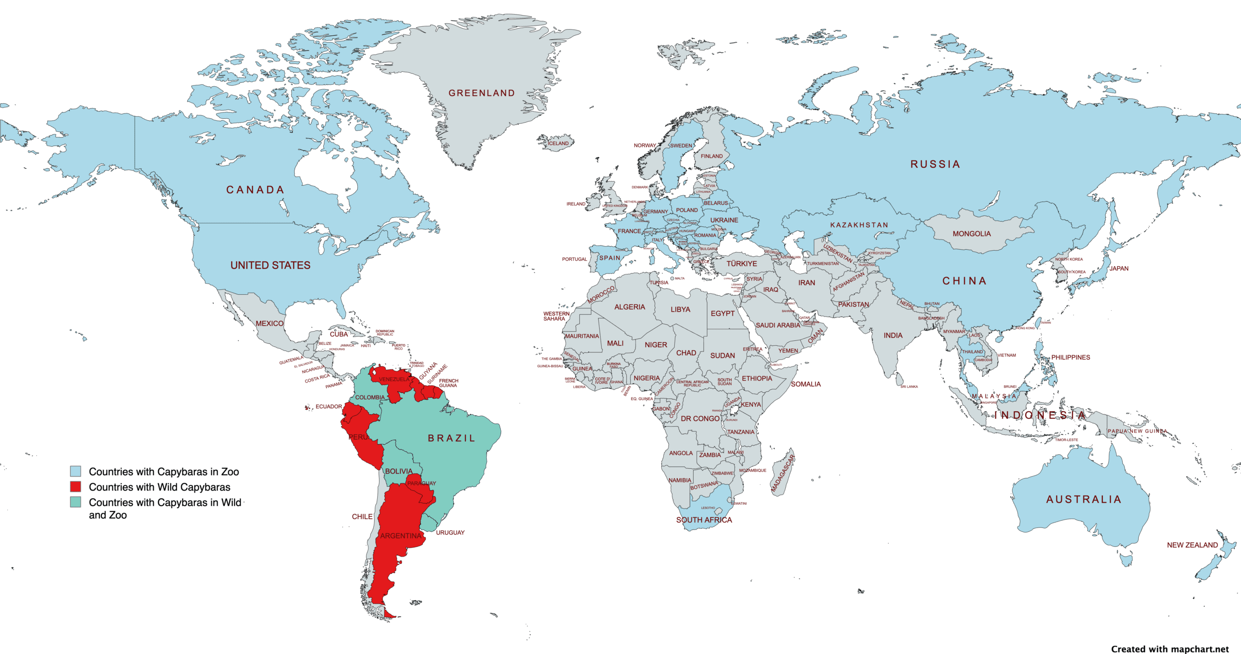 World Map where colors are highlighted showing capybaras living in zoos, wild and both