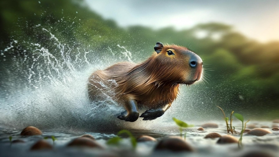 An action-packed image showing the speed and agility of capybaras in water. The scene captures a capybara moving swiftly through a water body, perhaps a river, with a focus on its agility and quick movements.