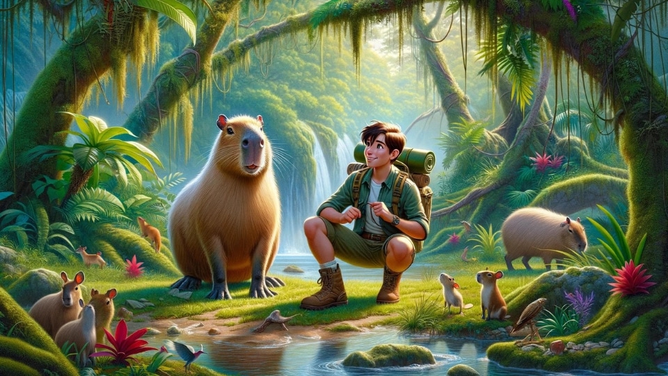 An image depicting the story of Agenor and his capybara, Filó. The scene is set in a vibrant, lush forest, symbolizing adventure and exploration.