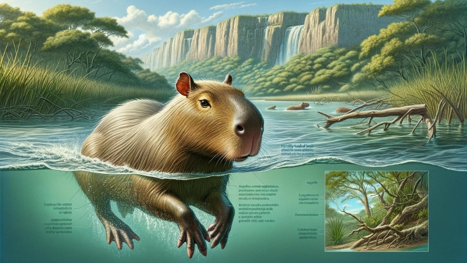 The scene depicts a capybara in a water environment, emphasizing its unique features like partially webbed feet and efficient swimming posture.