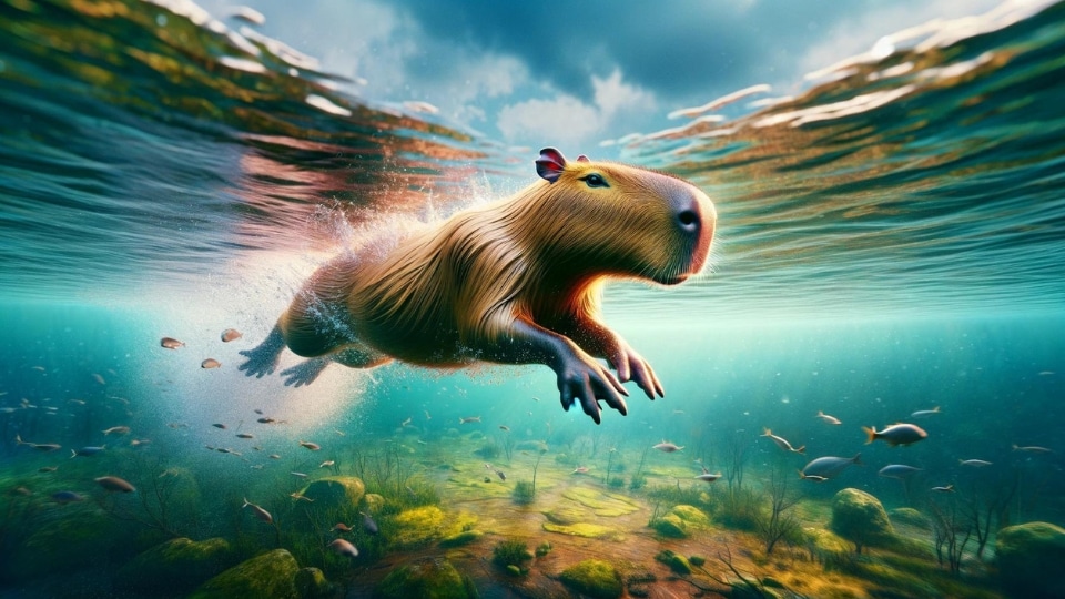 A dynamic image illustrating the swimming capabilities of capybaras.