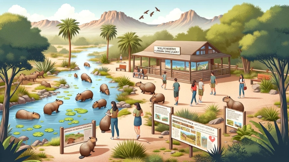 A scene depicting a wildlife reserve, zoo, or animal sanctuary in Arizona, with visitors interacting with capybaras in a naturalistic and educational environment.