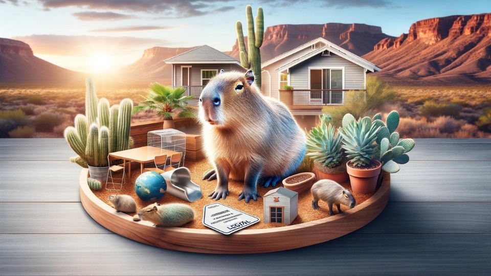 A composite image capturing the essence of owning capybaras in Arizona.