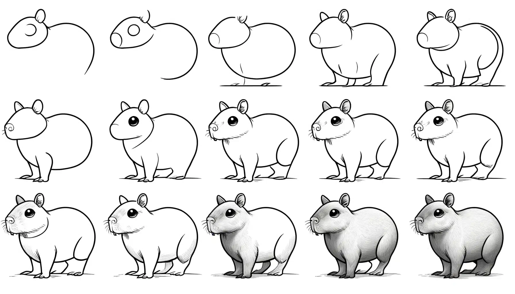 A high-quality, step-by-step guide for drawing a capybara, suitable for children.