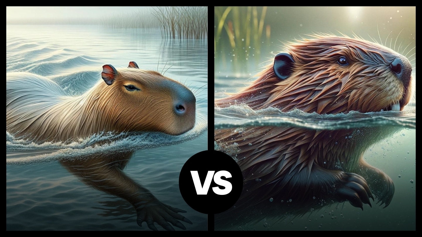 a collage of capybara and beaver swimming inside water side by side