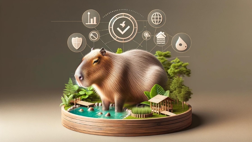 A capybara in a habitat that mimics their natural environment, with symbols or icons indicating the legal and ethical responsibilities of owning such a pet.