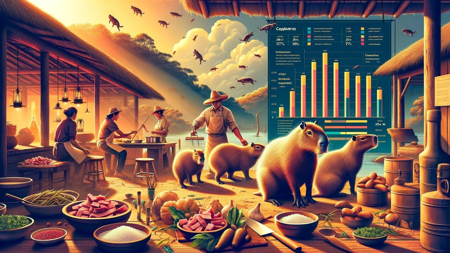 An image showing a vibrant scene in a South American rural kitchen with capybara meat being prepared.