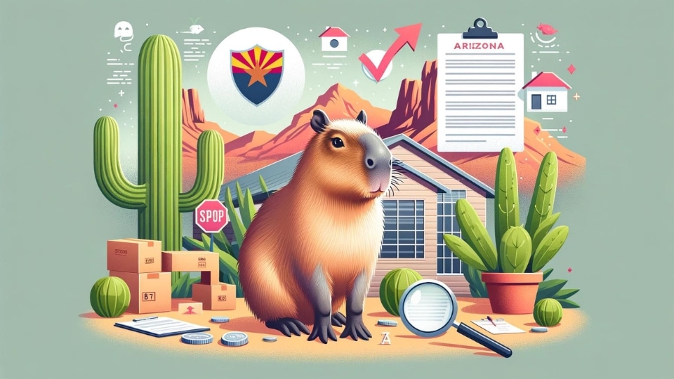 A capybara in a domestic setting in Arizona, with legal documents and symbols around it, indicating the legal framework for owning exotic pets.