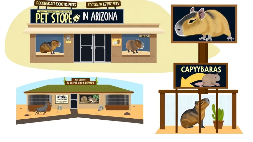 An illustration of a pet store in Arizona specializing in exotic pets, focusing on capybaras.