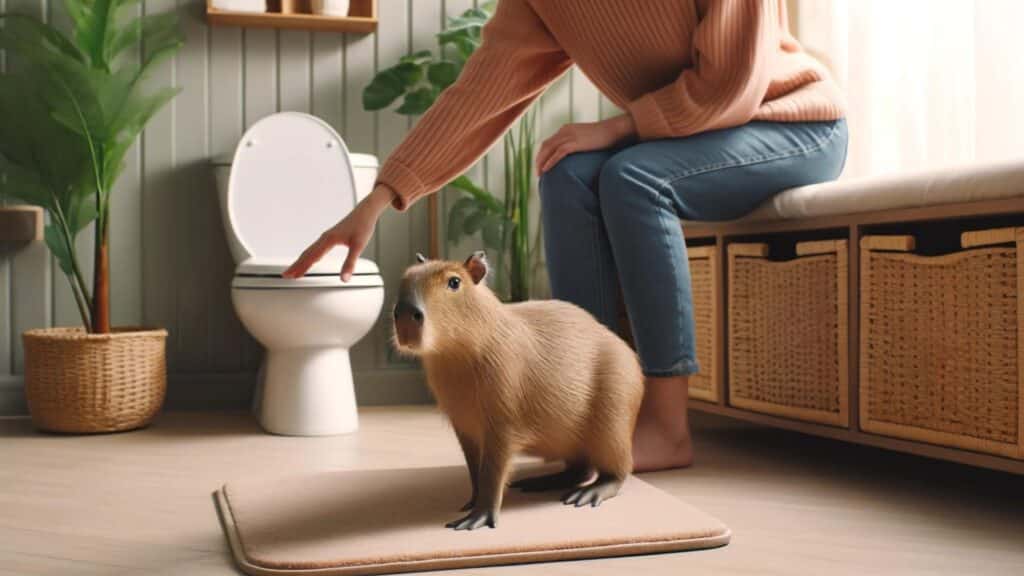 capybara sitting near toilet practicing potty training with a human