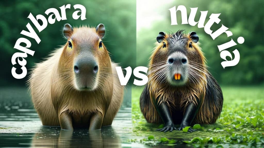 A creative comparison image depicting a capybara and a nutria side by side in a split scene. On the left, a large, friendly-looking capybara with sleek, coarse fur and webbed feet, typical of its species, stands in a lush, green wetland. On the right, a smaller, darker nutria with orange teeth and a long, round tail, stands in a similar habitat. The scene captures the distinct physical differences and similar environments of both rodents.