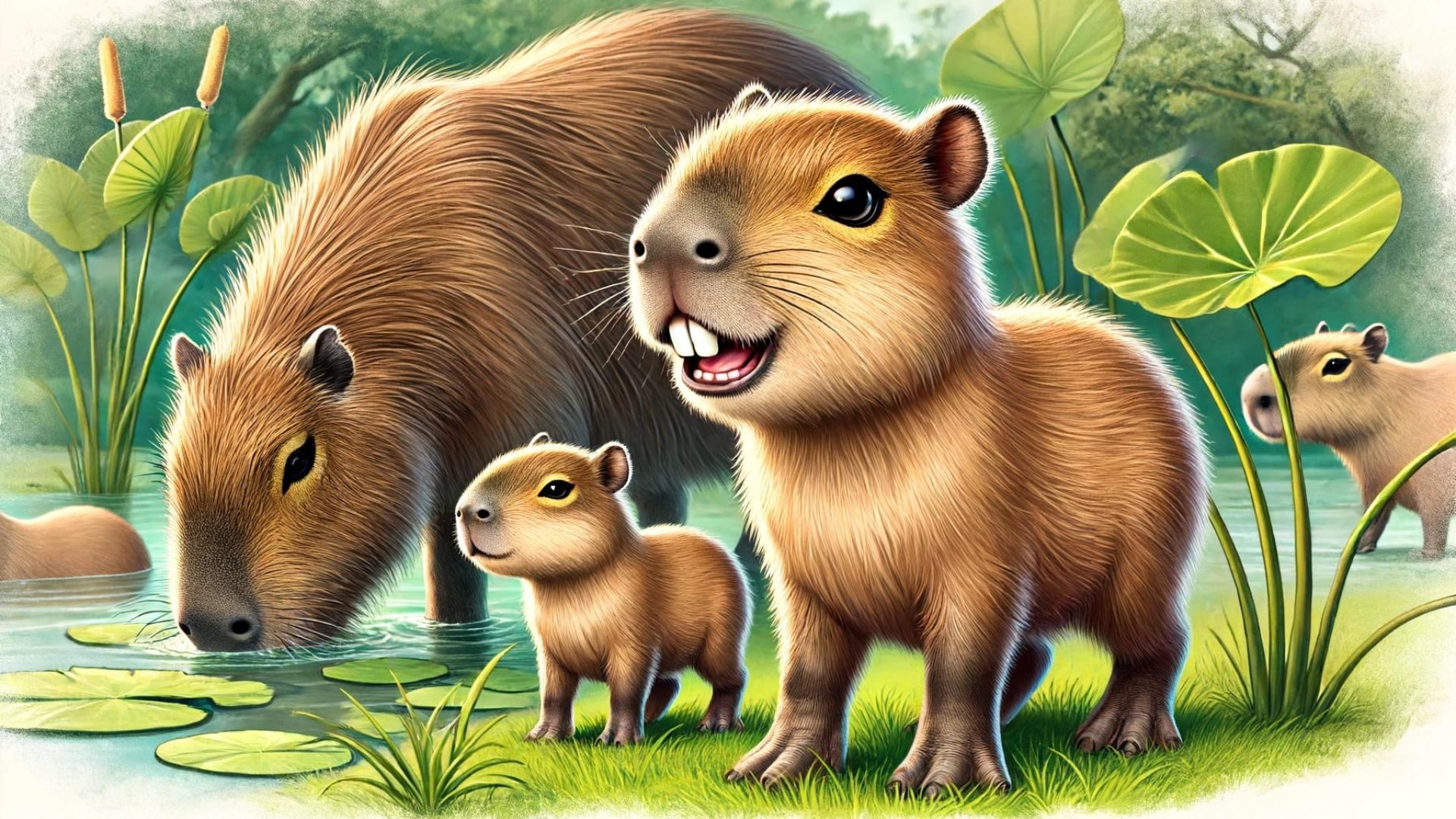 2 babies capybara standing and smiling showing their teeth with their mom eating grass beside