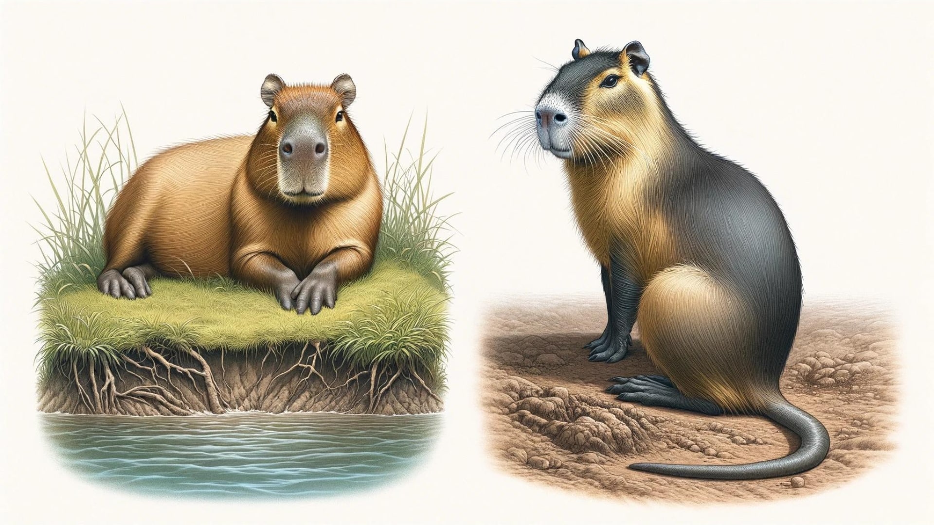 A detailed illustration showing the distinct body language of a capybara and a nutria.