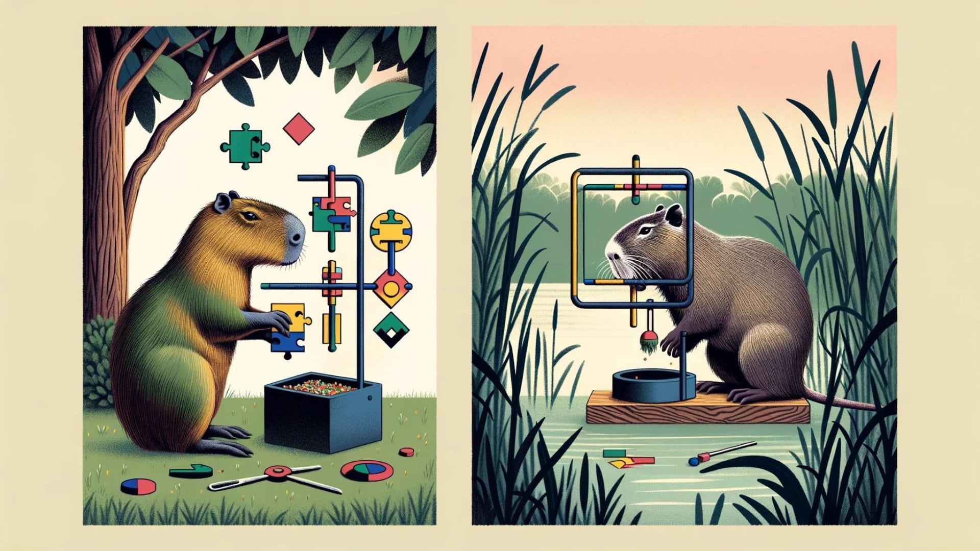 An illustrative comparison of the intelligence of a capybara and a nutria. The image shows a capybara solving a simple puzzle with shapes and colors, representing its problem-solving abilities, set in a peaceful grassy field. Beside it, a nutria is depicted manipulating a complex feeding device to retrieve food, indicating its ingenuity and adaptability, within a dense reedy environment.