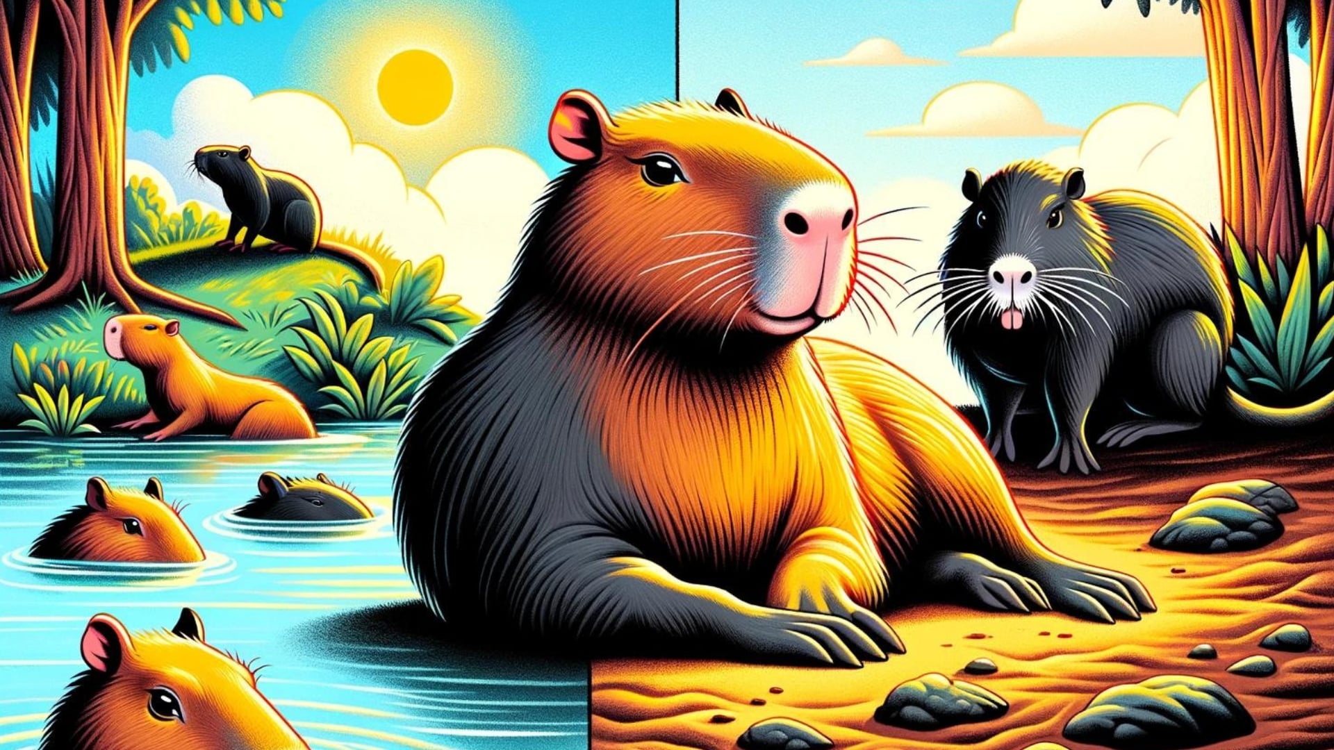 A vibrant and engaging illustration highlighting the distinct personalities of a capybara and a nutria.