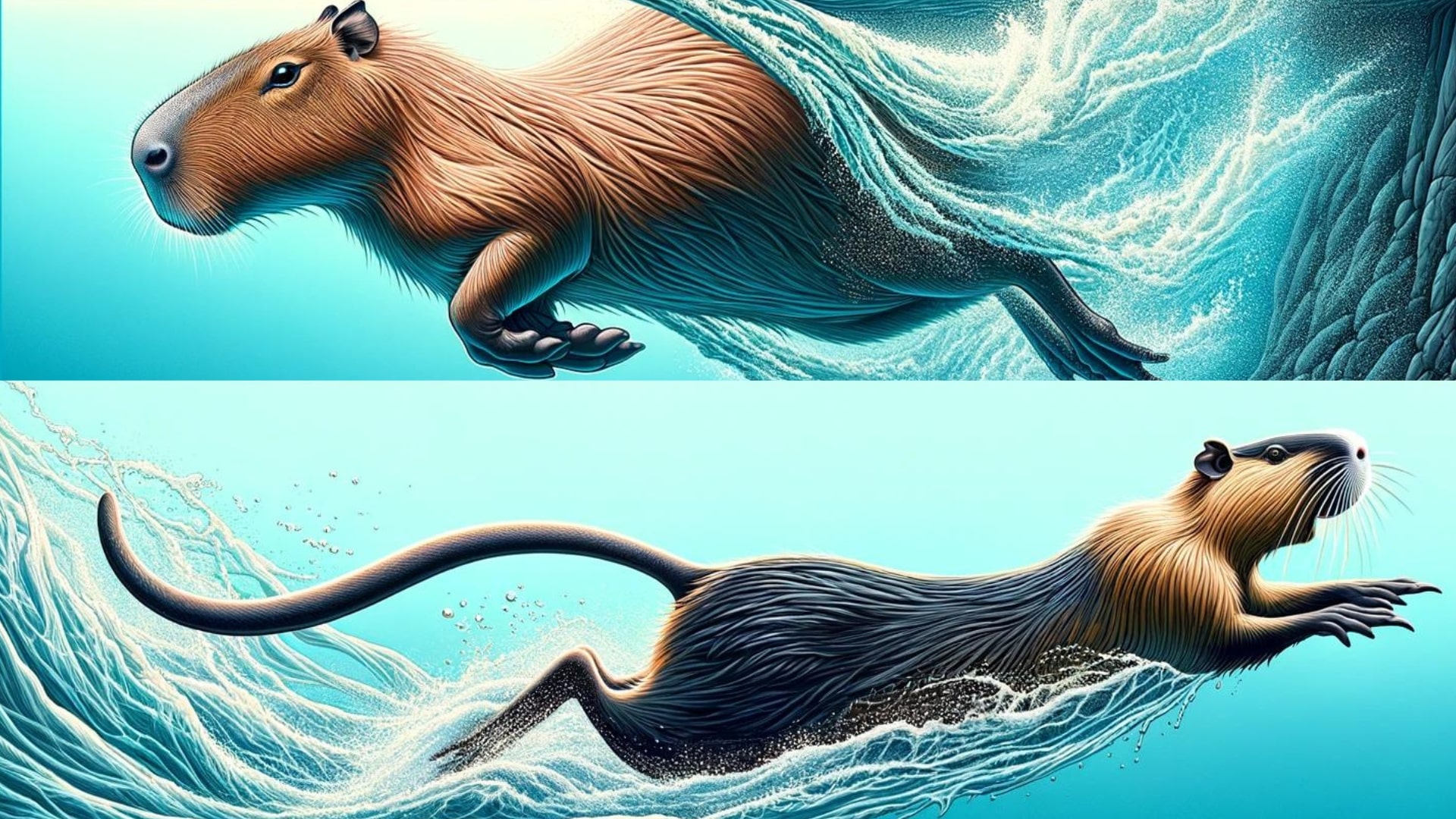 A dynamic illustration emphasizing the swimming capabilities of a capybara and a nutria.