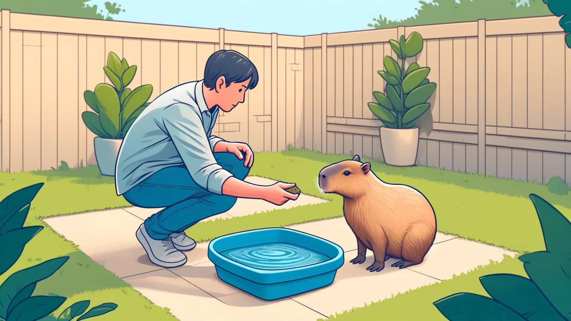 capybara doing potty training with a human