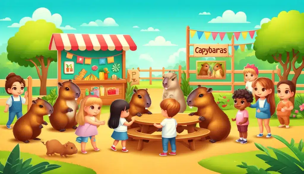 A whimsical zoo setting showcasing a group of capybaras interacting with small children in a petting area. The background features colorful decorations, picnic tables, and educational signs about capybaras. The children, of diverse appearances, are gently petting the capybaras, which appear calm and friendly. The scene is bright and joyful, making it an appealing header for a blog post on family-friendly zoos that feature capybaras.