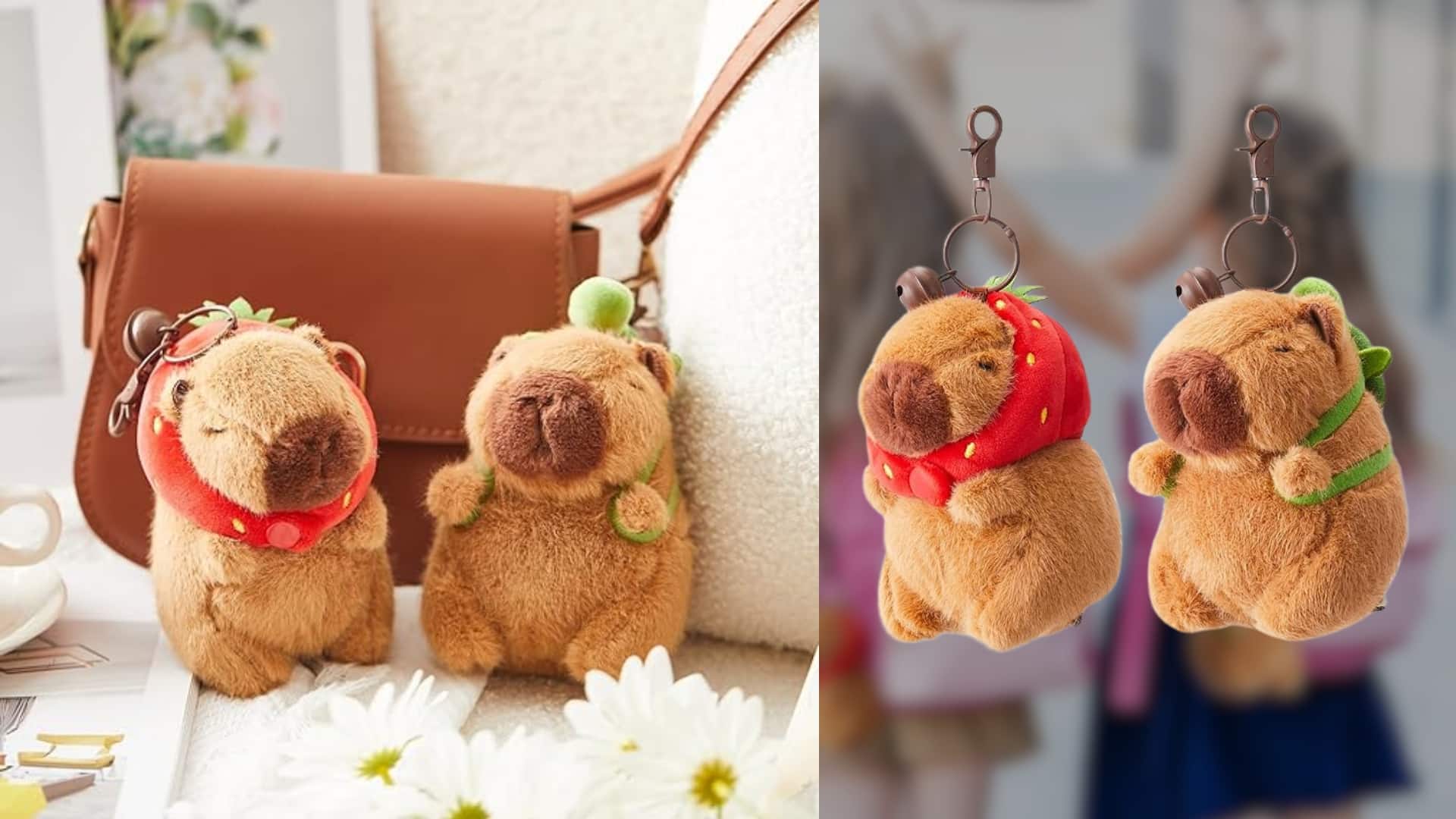 A set of two cute capybara plush keychains wearing strawberry hats and scarves.