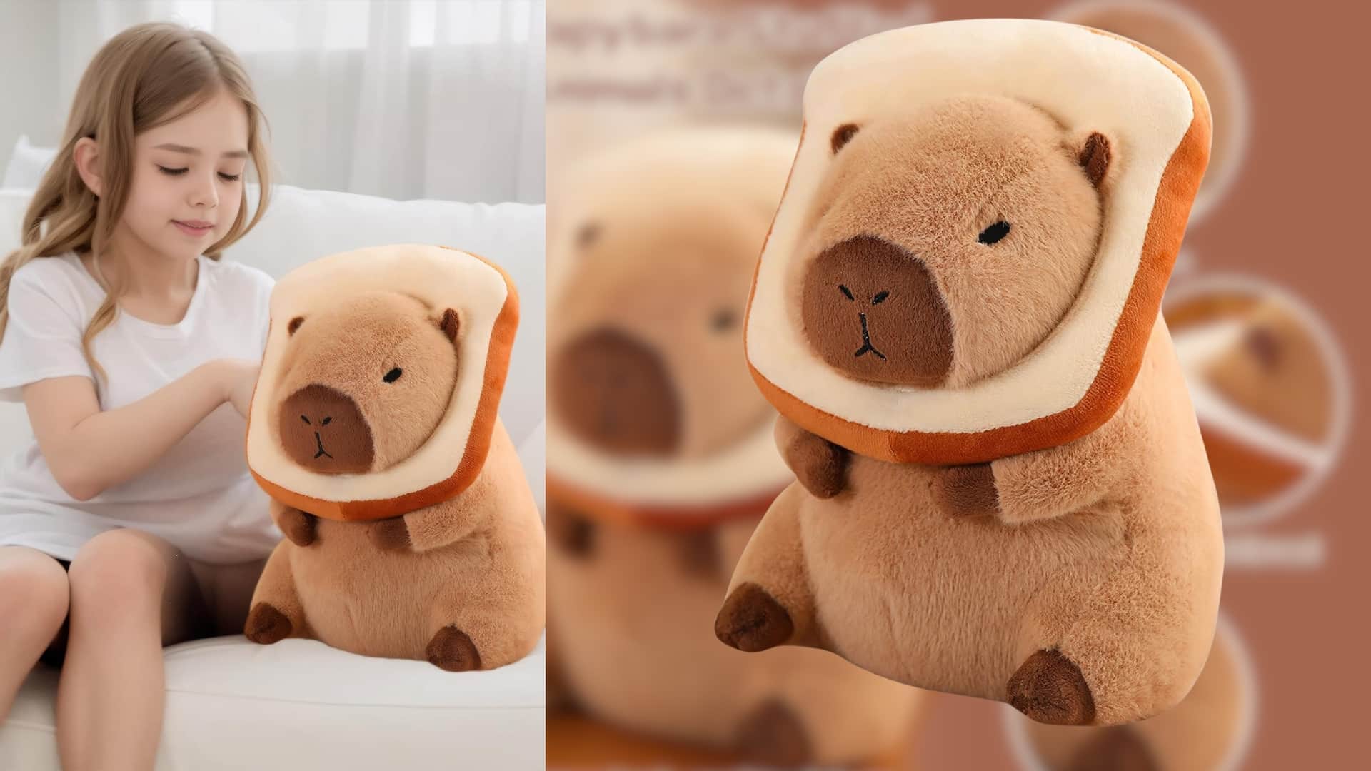 capybara plush toy with removal bread on his neck. A girl is playing with capybara plush.