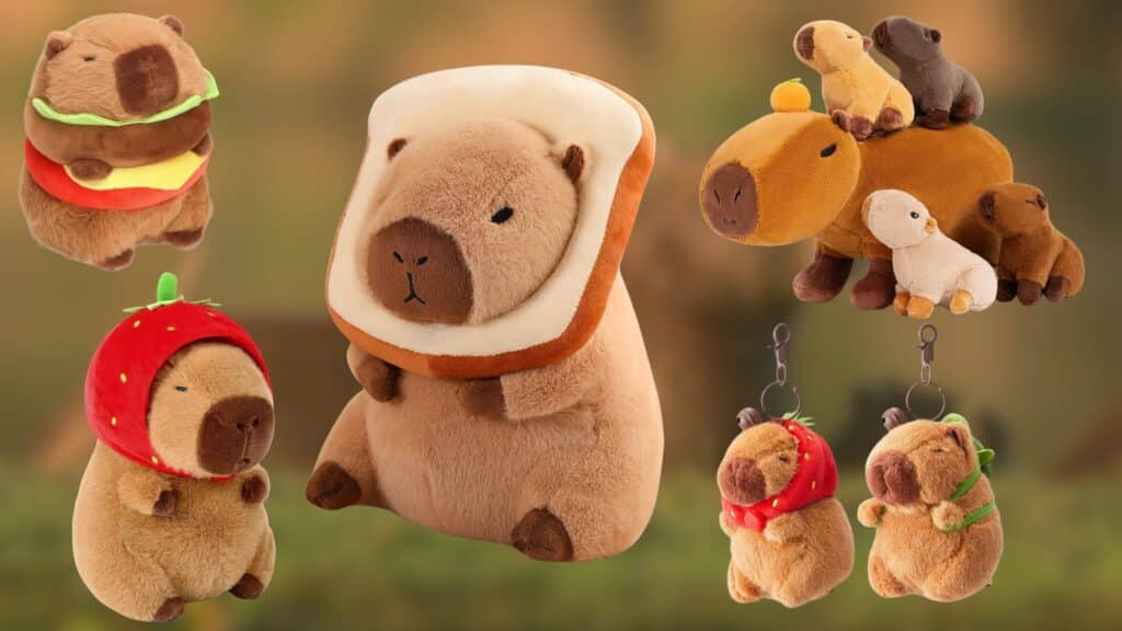 Capybara plush toys featuring a variety of designs, including a capybara with a hamburger and a capybara with a slice of bread as a hat.