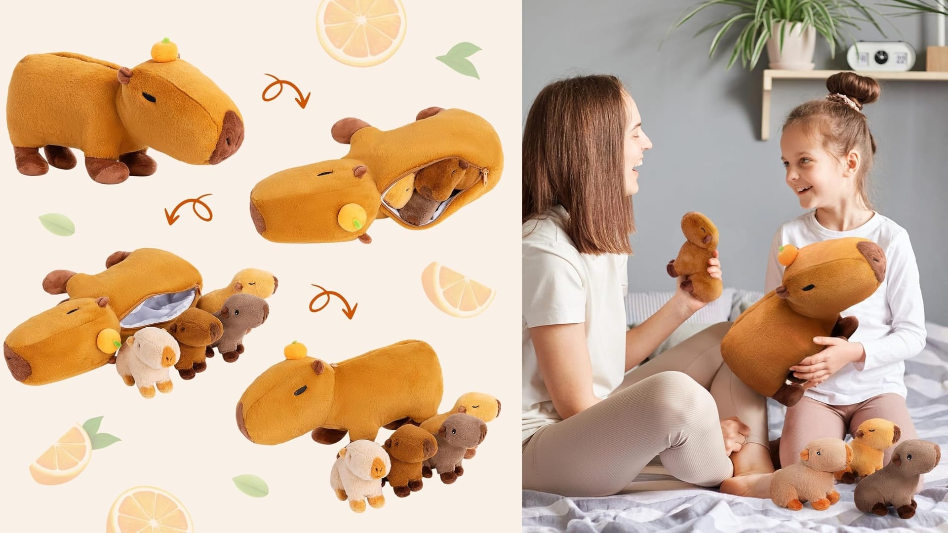 Capybara plush mother unzips into 4 baby capybaras.