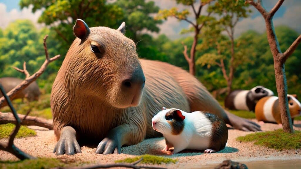 The image focuses on the interaction between the capybara and guinea pig, highlighting their distinct behaviors and the peaceful coexistence between the two animals.