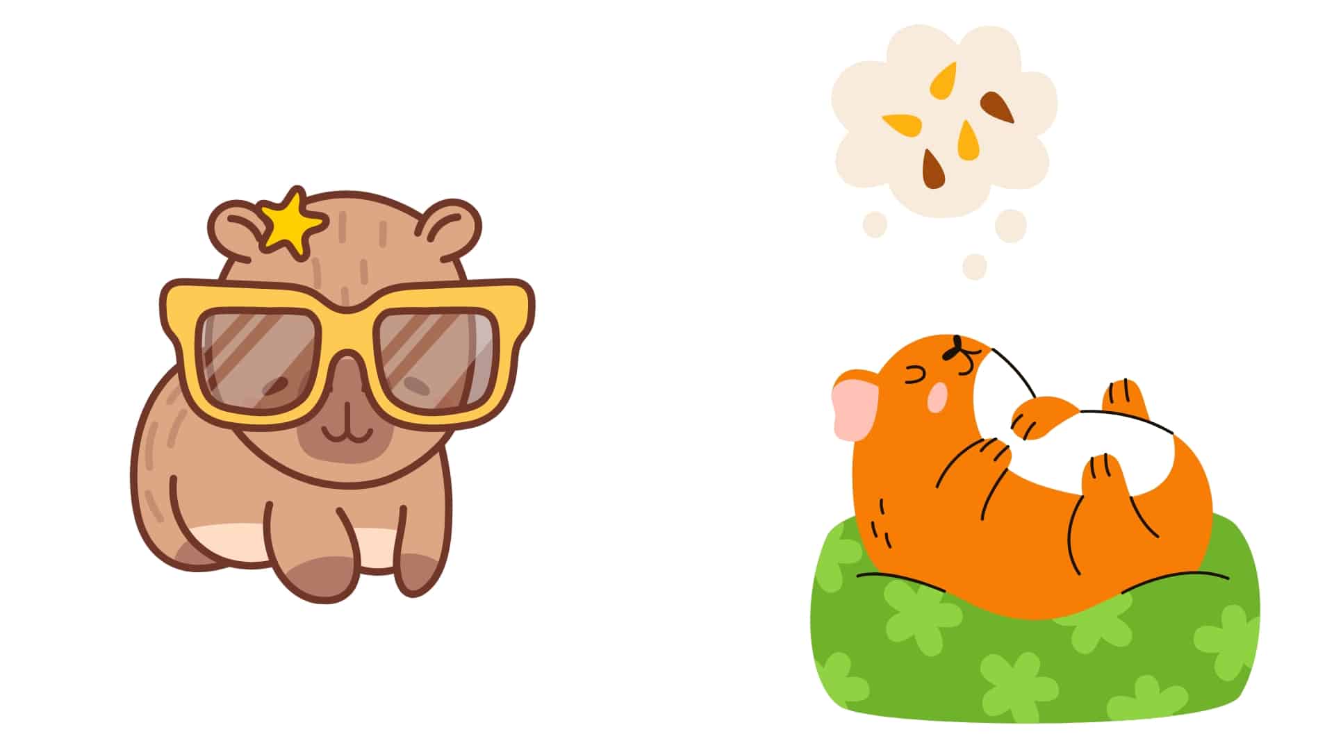 On the left side, the capybara is illustrated wearing oversized yellow sunglasses and has a star on its head, giving it a cool and confident appearance, symbolizing its intelligence and laid-back personality. On the right side, the guinea pig is lying on a green cushion with clover patterns, holding its belly and dreaming about food. Its relaxed and content expression conveys a sense of comfort and imagination, highlighting its playful and curious nature.